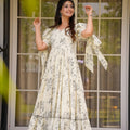 Elegant Off-White Floral Printed Anarkali Style Maxi Dress with Tie-Up Sleeves