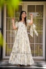 Elegant Off-White Floral Printed Anarkali Style Maxi Dress with Tie-Up Sleeves