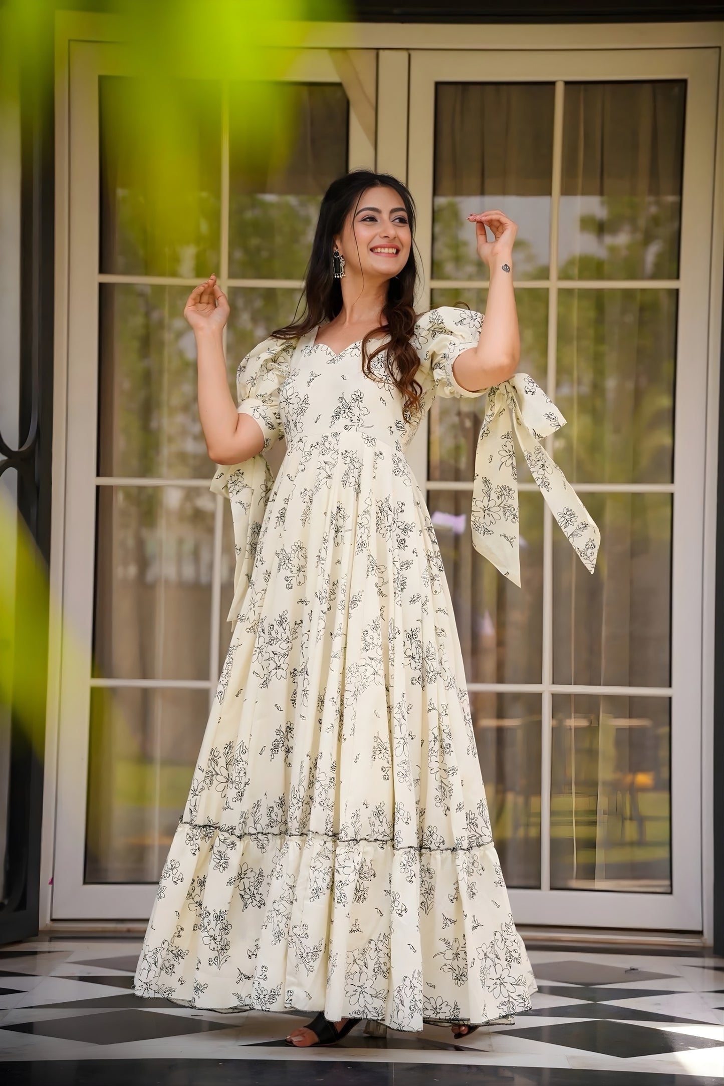 Elegant Off-White Floral Printed Anarkali Style Maxi Dress with Tie-Up Sleeves