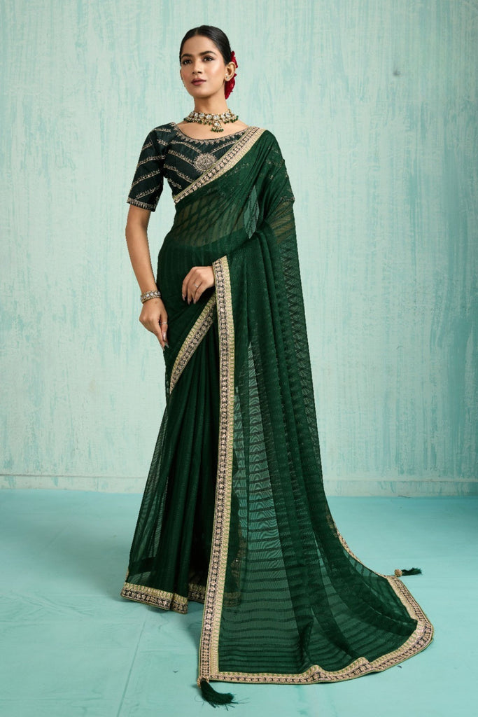 Elegant Dark Green Net Saree Designer Blouse 