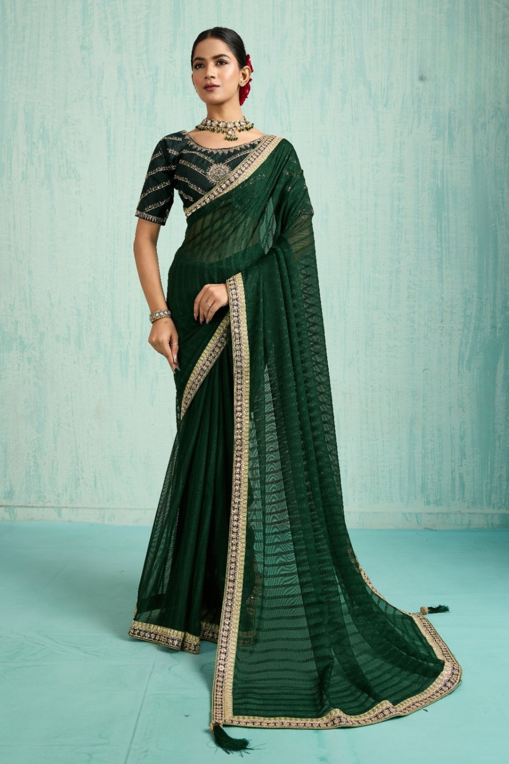 Elegant Dark Green Net Saree Designer Blouse 