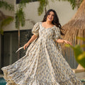 Charming Cream Floral Printed Anarkali Style Maxi Dress with Puff Tie-Up Sleeves