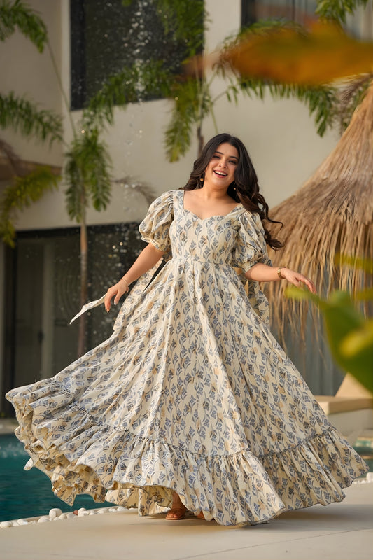 Charming Cream Floral Printed Anarkali Style Maxi Dress with Puff Tie-Up Sleeves
