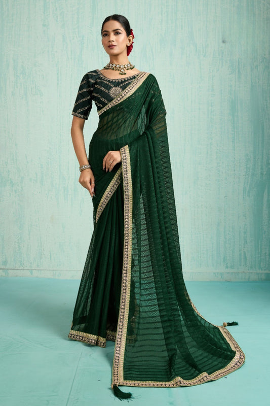 Elegant Dark Green Net Saree Designer Blouse 
