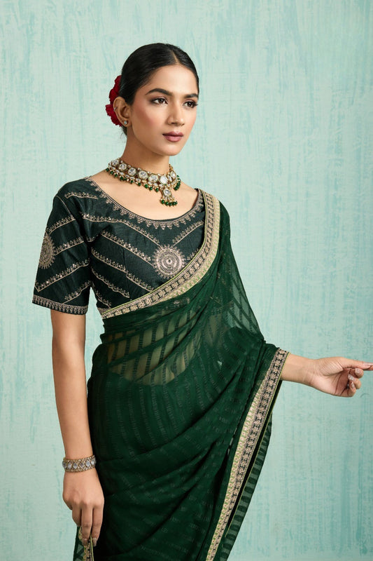 Elegant Dark Green Net Saree Designer Blouse