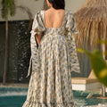 Charming Cream Floral Printed Anarkali Style Maxi Dress with Puff Tie-Up Sleeves