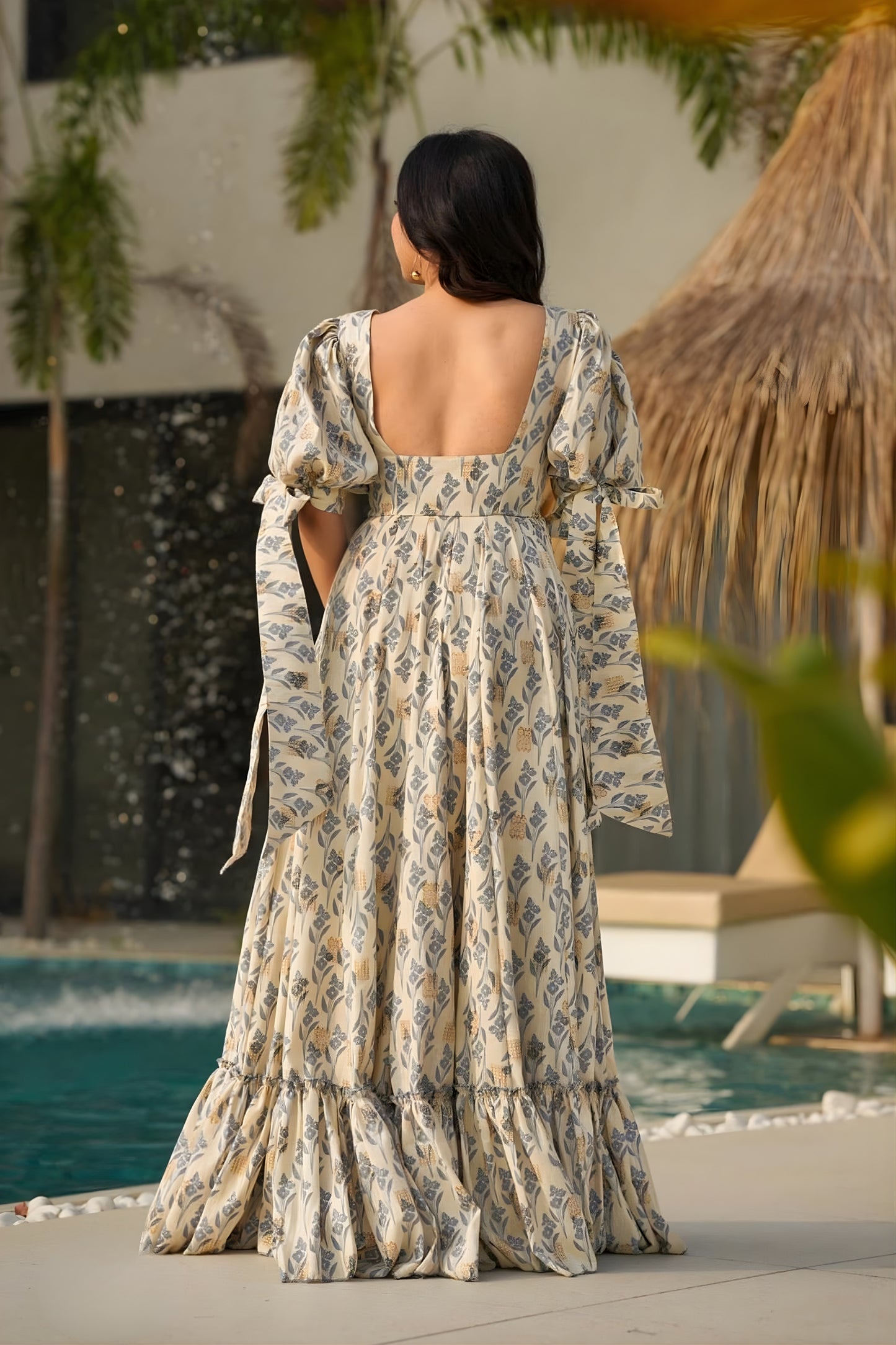 Charming Cream Floral Printed Anarkali Style Maxi Dress with Puff Tie-Up Sleeves