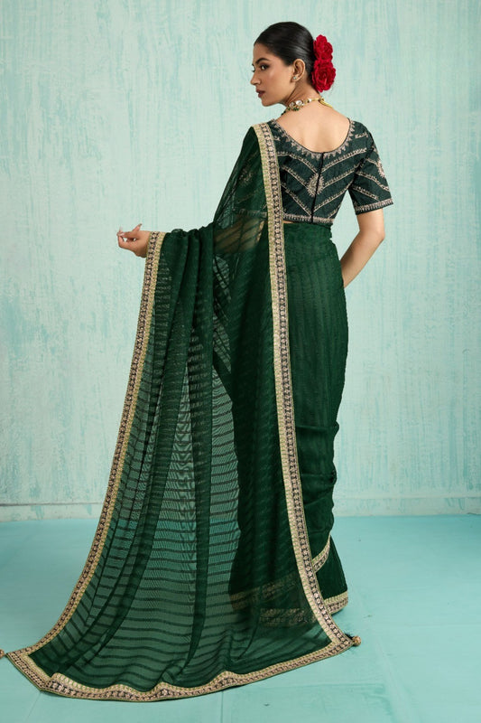 Elegant Dark Green Net Saree Designer Blouse