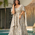 Charming Cream Floral Printed Anarkali Style Maxi Dress with Puff Tie-Up Sleeves