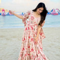 Lovely Peach Pink Floral Printed Anarkali Style Maxi Dress with Puff Tie-Up Sleeves