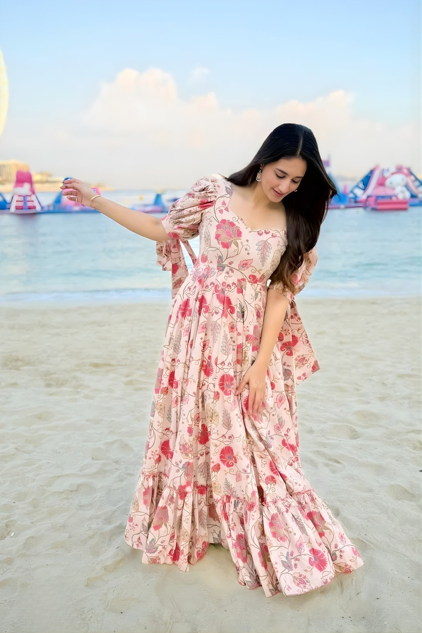 Lovely Peach Pink Floral Printed Anarkali Style Maxi Dress with Puff Tie-Up Sleeves
