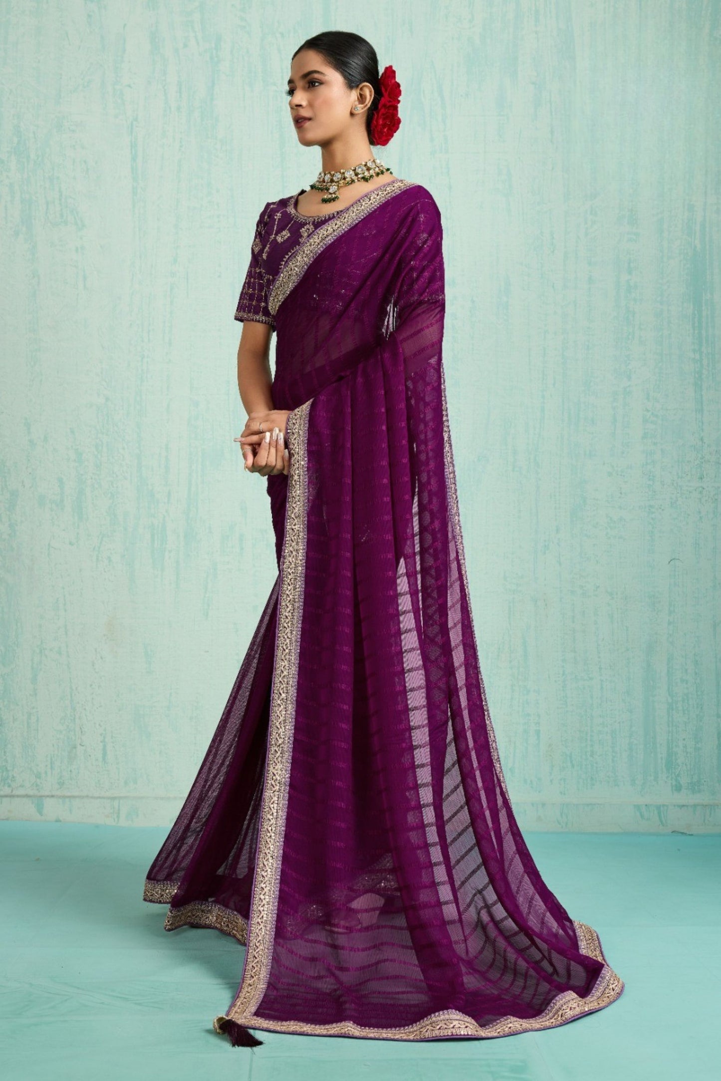 Designer Purple Net Saree Matching Blouse