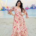Lovely Peach Pink Floral Printed Anarkali Style Maxi Dress with Puff Tie-Up Sleeves