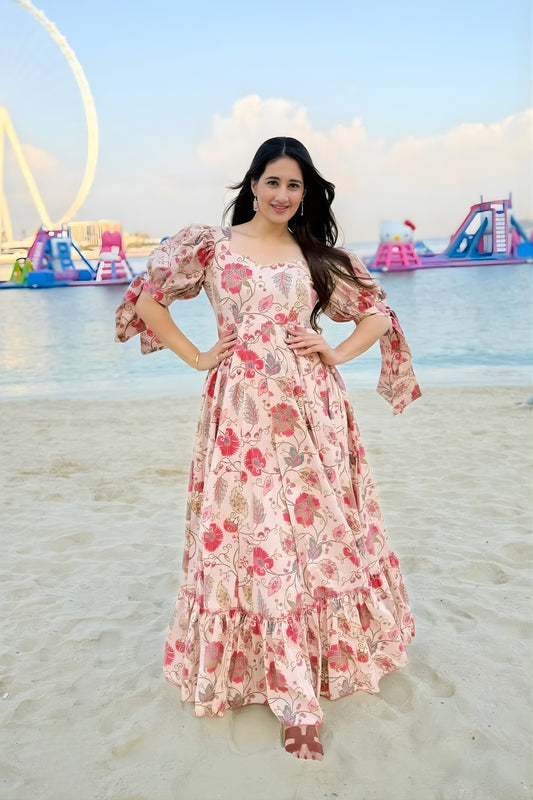 Lovely Peach Pink Floral Printed Anarkali Style Maxi Dress with Puff Tie-Up Sleeves