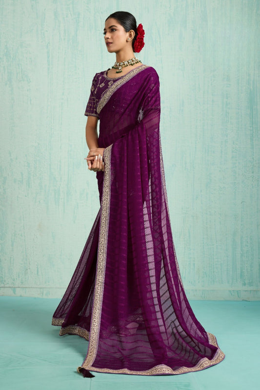 Designer Purple Net Saree Matching Blouse