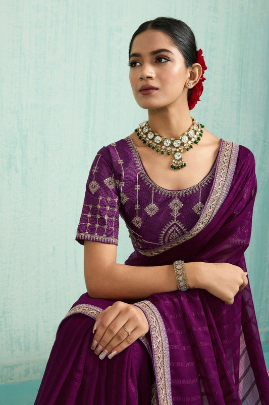 Designer Purple Net Saree Matching Blouse