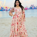Lovely Peach Pink Floral Printed Anarkali Style Maxi Dress with Puff Tie-Up Sleeves