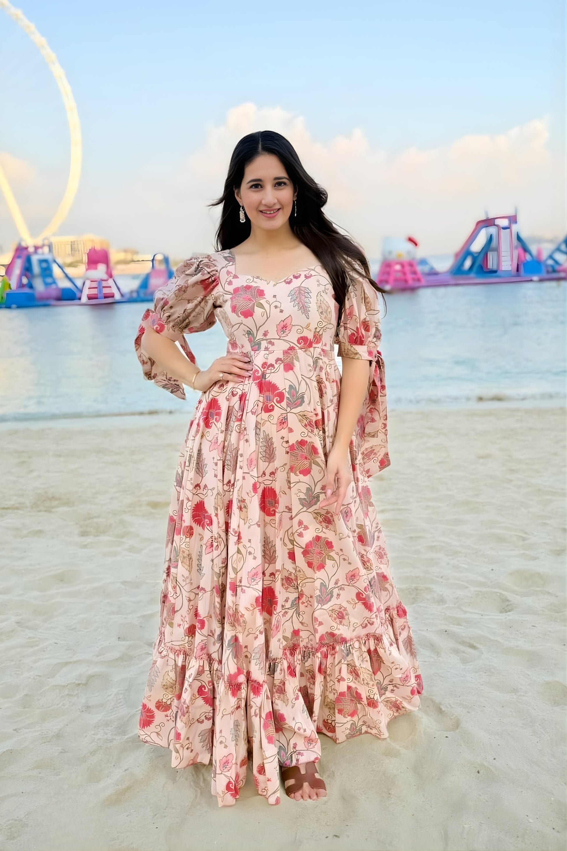 Lovely Peach Pink Floral Printed Anarkali Style Maxi Dress with Puff Tie-Up Sleeves