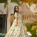 Graceful Off-White Green Floral Printed Anarkali Style Maxi Dress with Puff Sleeves