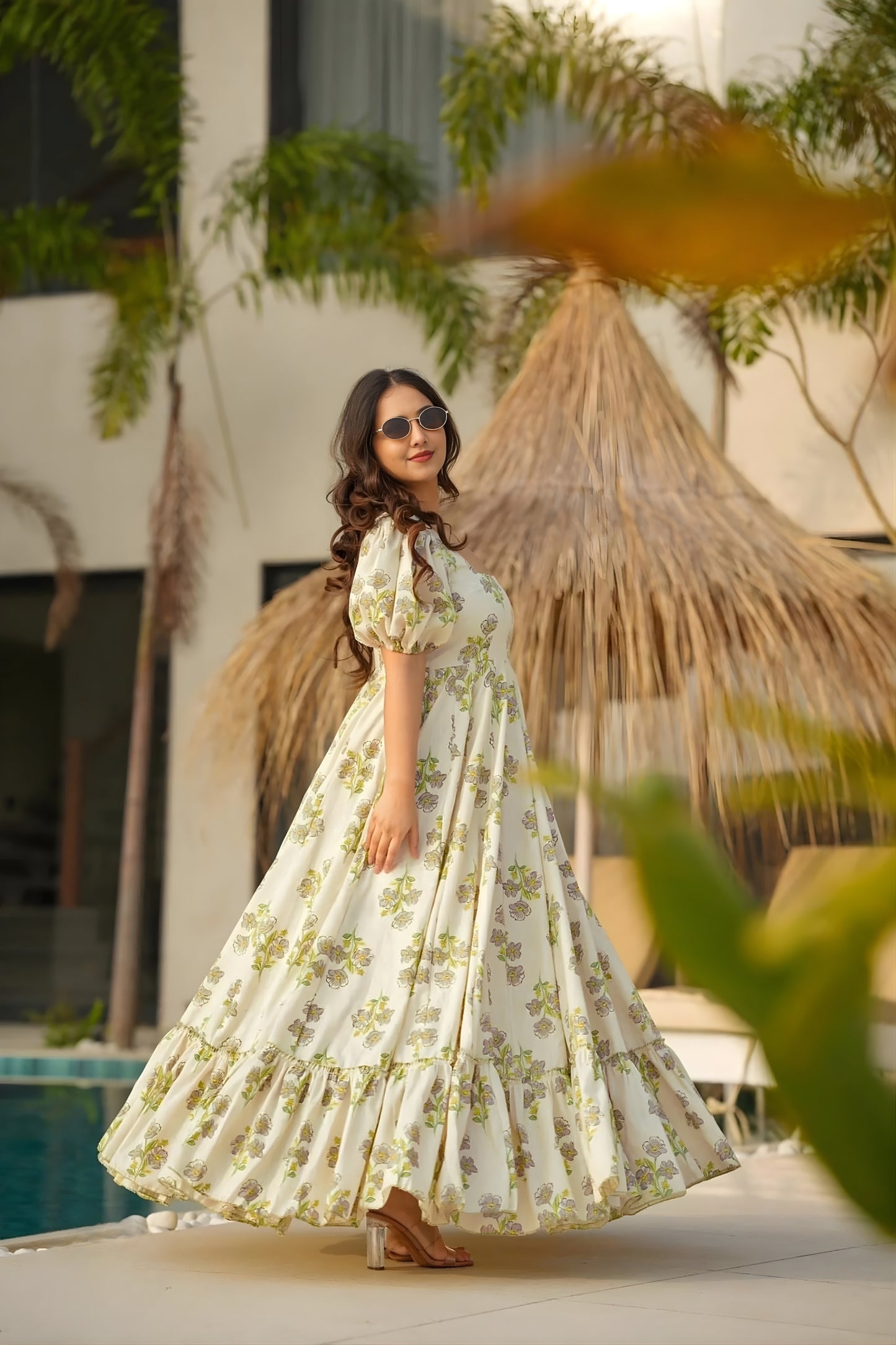 Graceful Off-White Green Floral Printed Anarkali Style Maxi Dress with Puff Sleeves