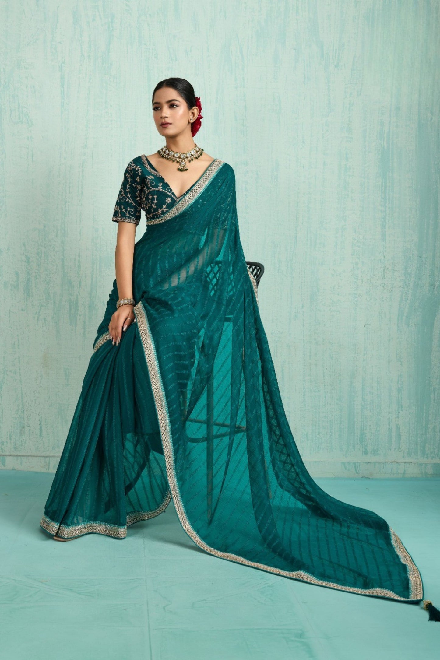 Designer Teal Green Georgette Saree Party Wear Saree