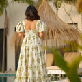 Graceful Off-White Green Floral Printed Anarkali Style Maxi Dress with Puff Sleeves
