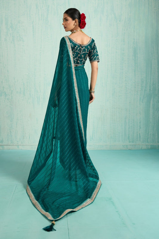 Designer Teal Green Georgette Saree Party Wear Saree