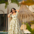 Graceful Off-White Green Floral Printed Anarkali Style Maxi Dress with Puff Sleeves