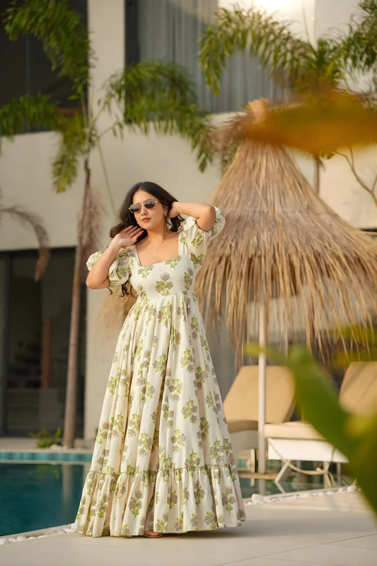 Graceful Off-White Green Floral Printed Anarkali Style Maxi Dress with Puff Sleeves
