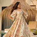 Perfect Beige Pink Floral Printed Anarkali Style Maxi Dress with Flared Sleeves