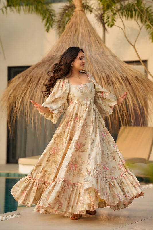 Perfect Beige Pink Floral Printed Anarkali Style Maxi Dress with Flared Sleeves