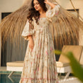 Perfect Beige Pink Floral Printed Anarkali Style Maxi Dress with Flared Sleeves