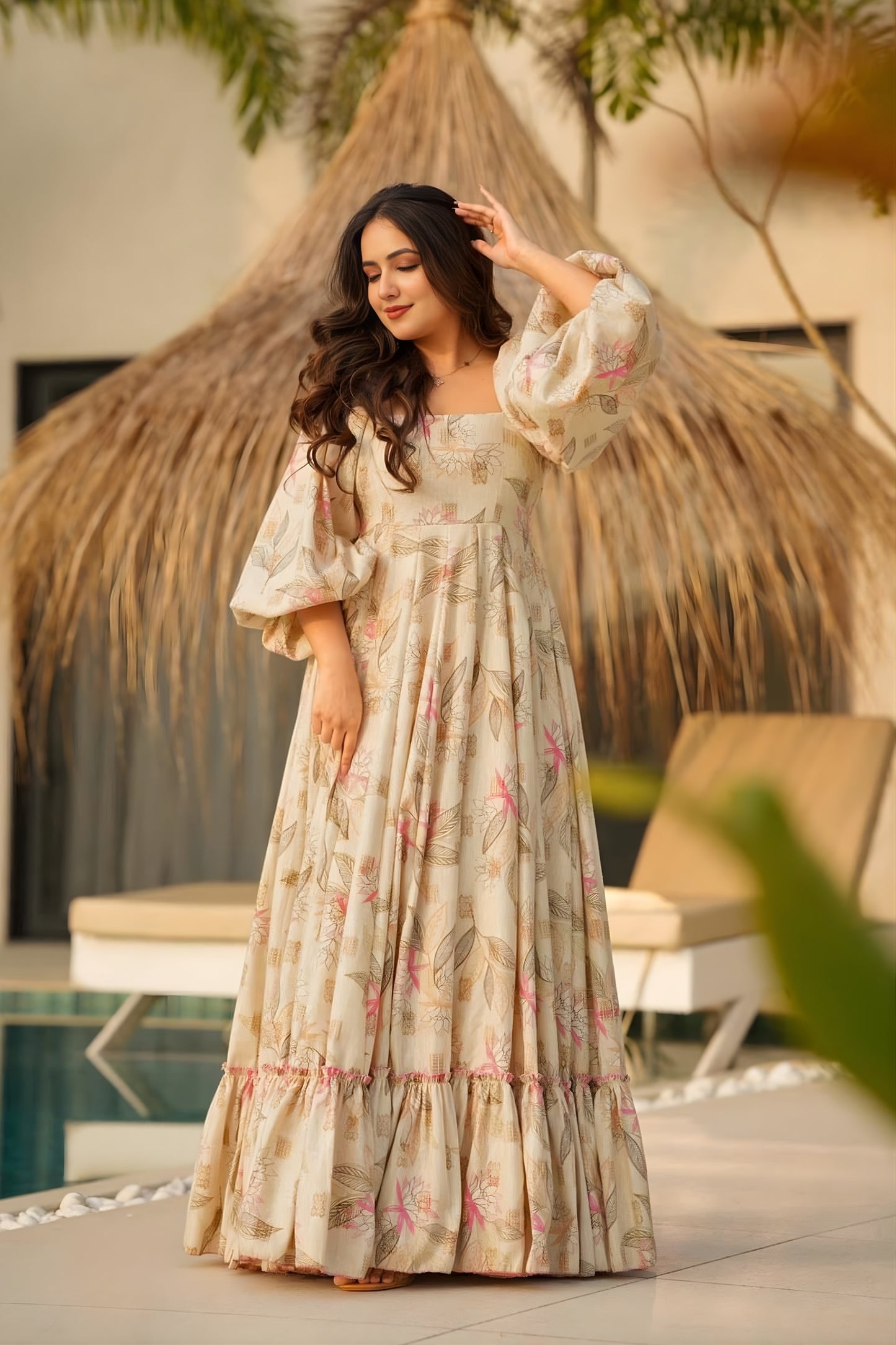 Perfect Beige Pink Floral Printed Anarkali Style Maxi Dress with Flared Sleeves