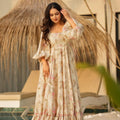  Perfect Beige Pink Floral Printed Anarkali Style Maxi Dress with Flared Sleeves