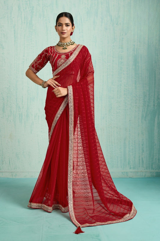 Designer Red Georgette Saree Matching Blouse Party Wear