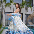 Wonderful White and Blue Floral Printed Anarkali Style Maxi Dress with Matching Dupatta