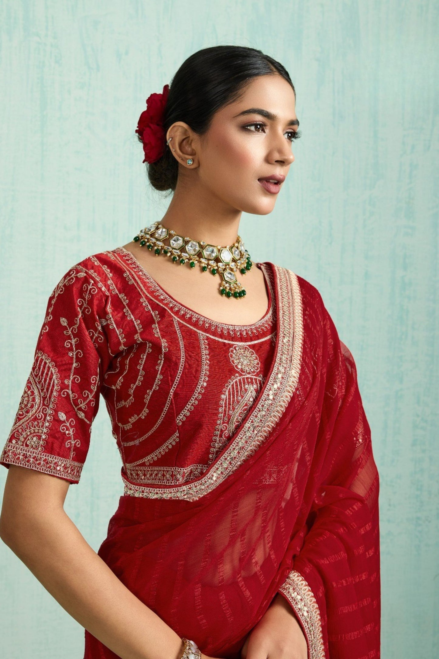 Designer Red Georgette Saree Matching Blouse Party Wear