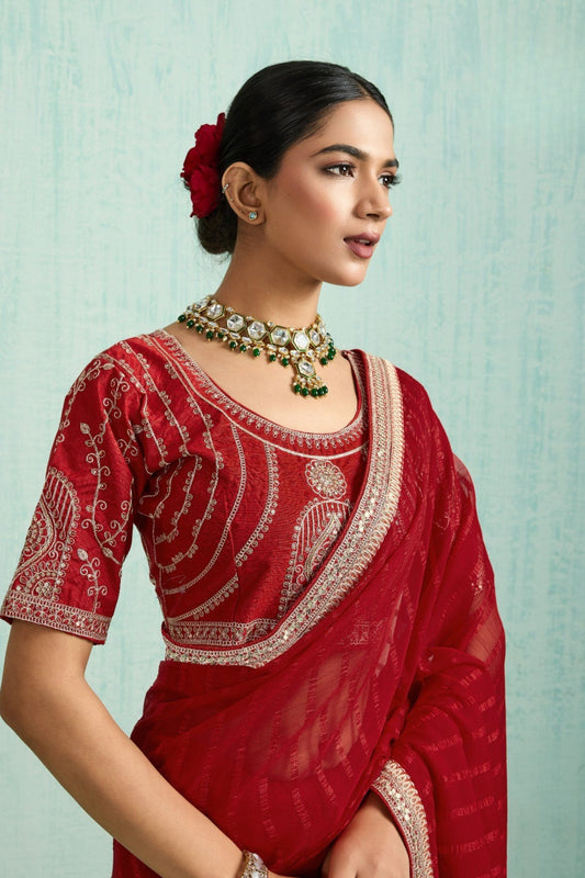 Designer Red Georgette Saree Matching Blouse Party Wear
