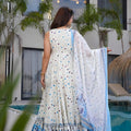 Wonderful White and Blue Floral Printed Anarkali Style Maxi Dress with Matching Dupatta
