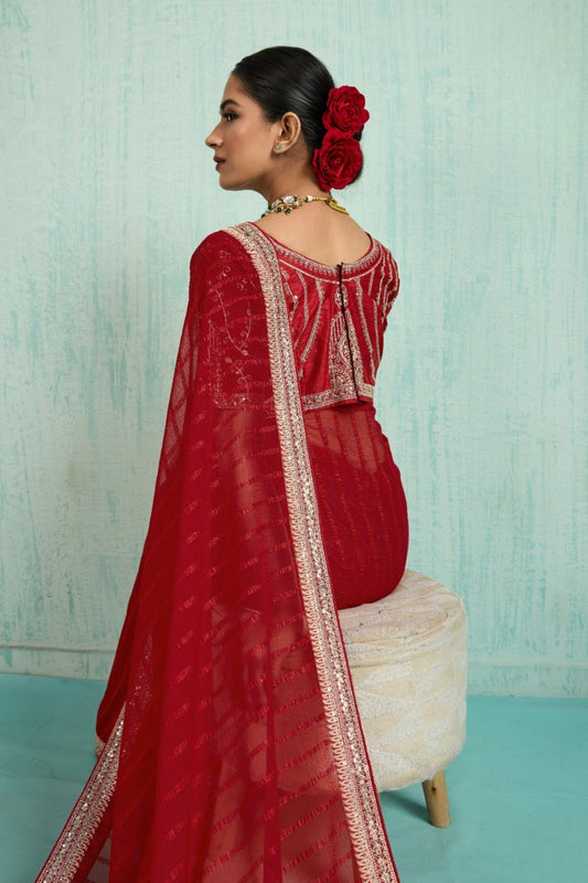 Designer Red Georgette Saree Matching Blouse Party Wear