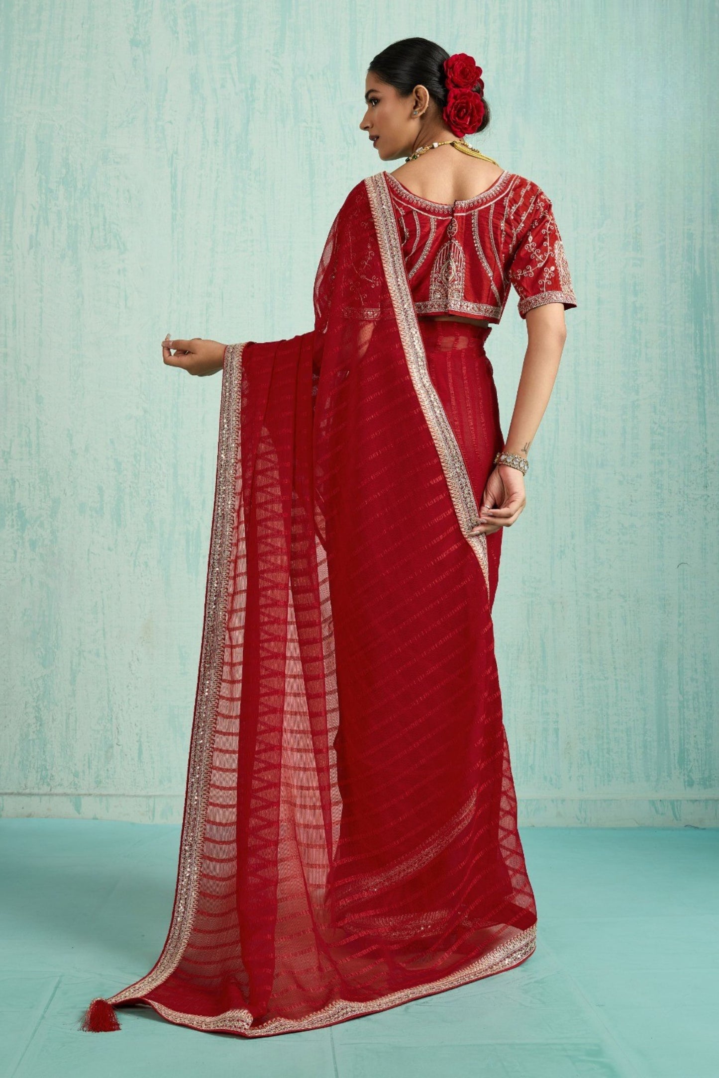 Designer Red Georgette Saree Matching Blouse Party Wear