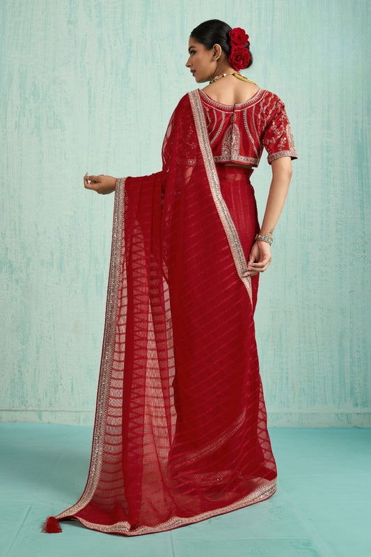 Designer Red Georgette Saree Matching Blouse Party Wear