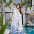 Wonderful White and Blue Floral Printed Anarkali Style Maxi Dress with Matching Dupatta