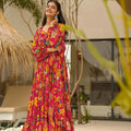 Vibrant Rani Pink Floral Printed Anarkali Style Maxi Dress with Flared Sleeves