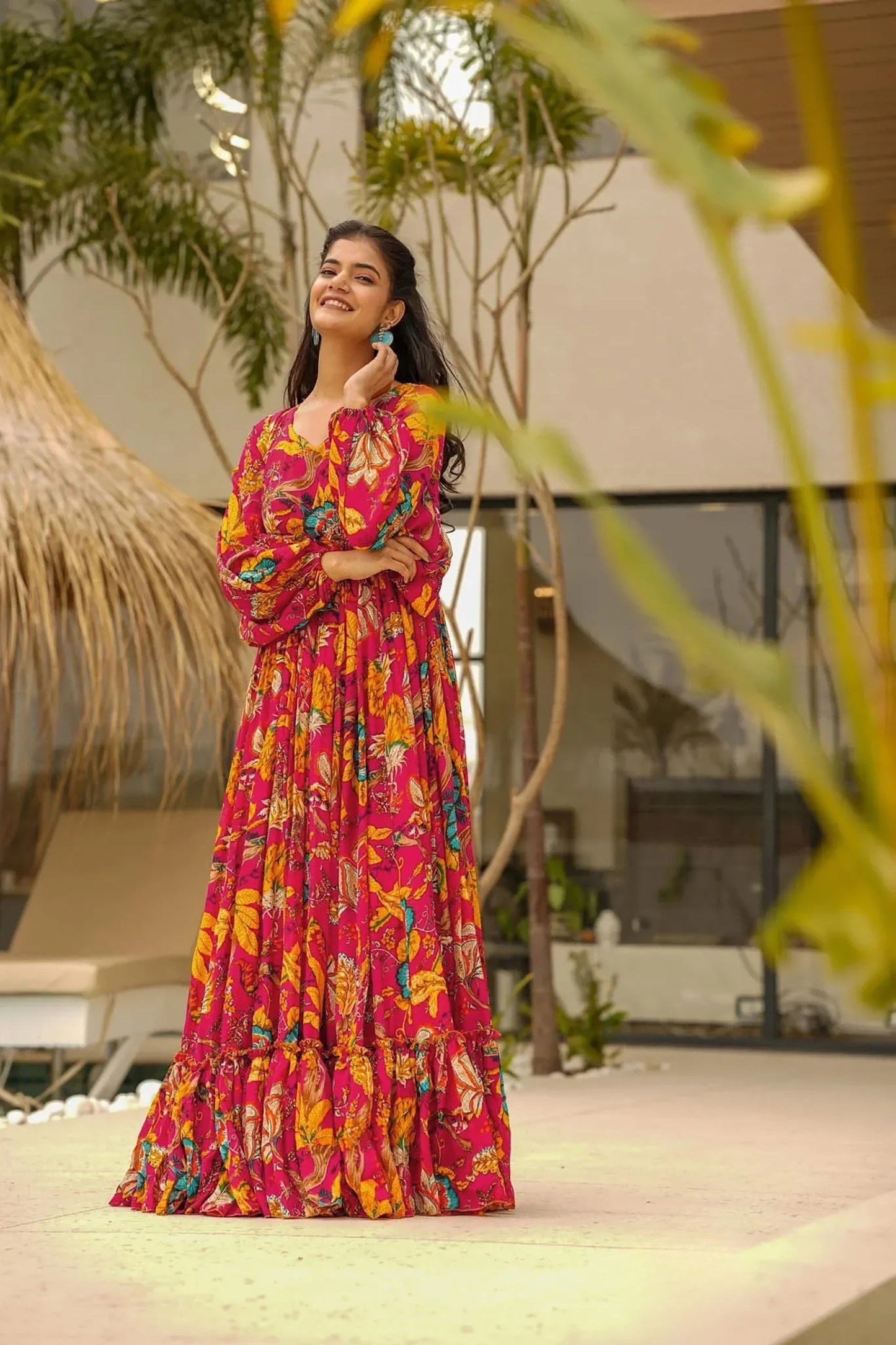 Vibrant Rani Pink Floral Printed Anarkali Style Maxi Dress with Flared Sleeves