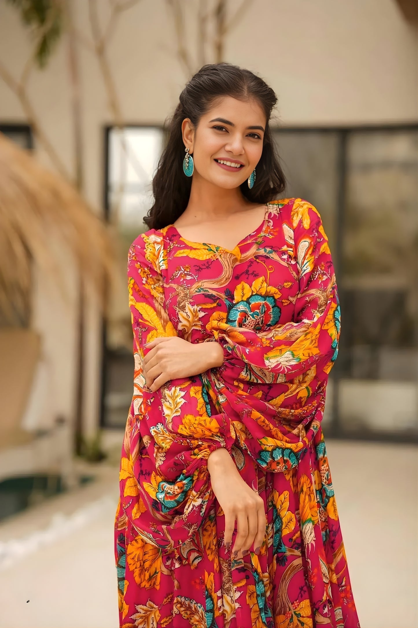 Vibrant Rani Pink Floral Printed Anarkali Style Maxi Dress with Flared Sleeves