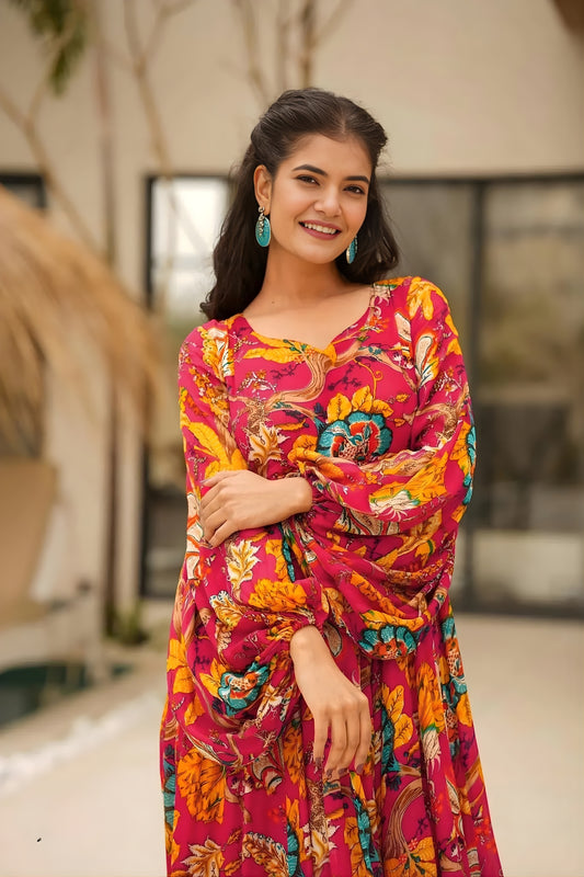Vibrant Rani Pink Floral Printed Anarkali Style Maxi Dress with Flared Sleeves