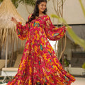Vibrant Rani Pink Floral Printed Anarkali Style Maxi Dress with Flared Sleeves