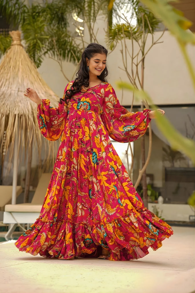 Vibrant Rani Pink Floral Printed Anarkali Style Maxi Dress with Flared Sleeves