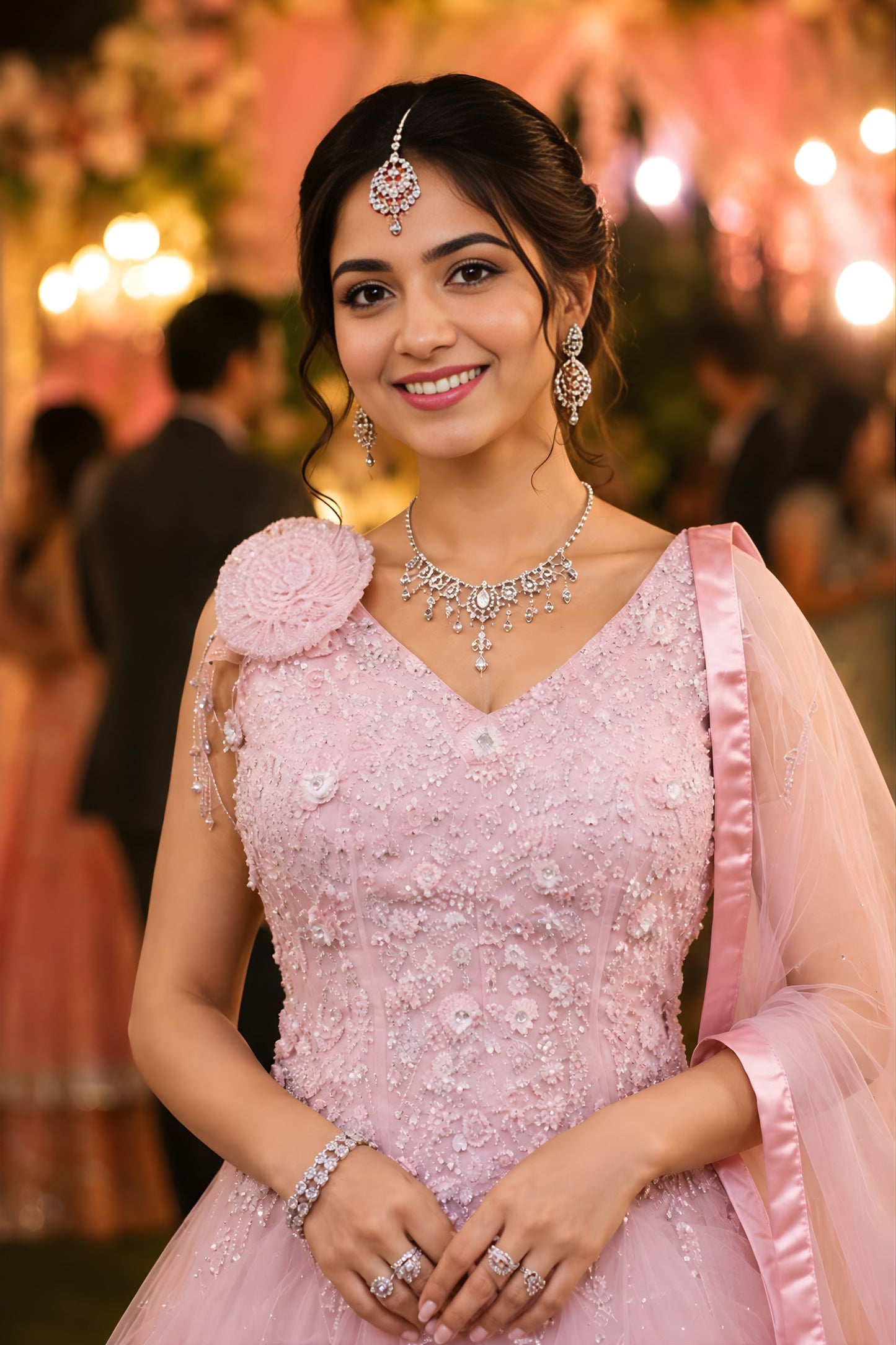 Elegant Pink Net Heavy Embroidered Gown with Designer Dupatta for Wedding and Reception